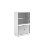 White office storage cupboard with glazed doors on the upper section and lockable tambour doors below, shown on a white background.