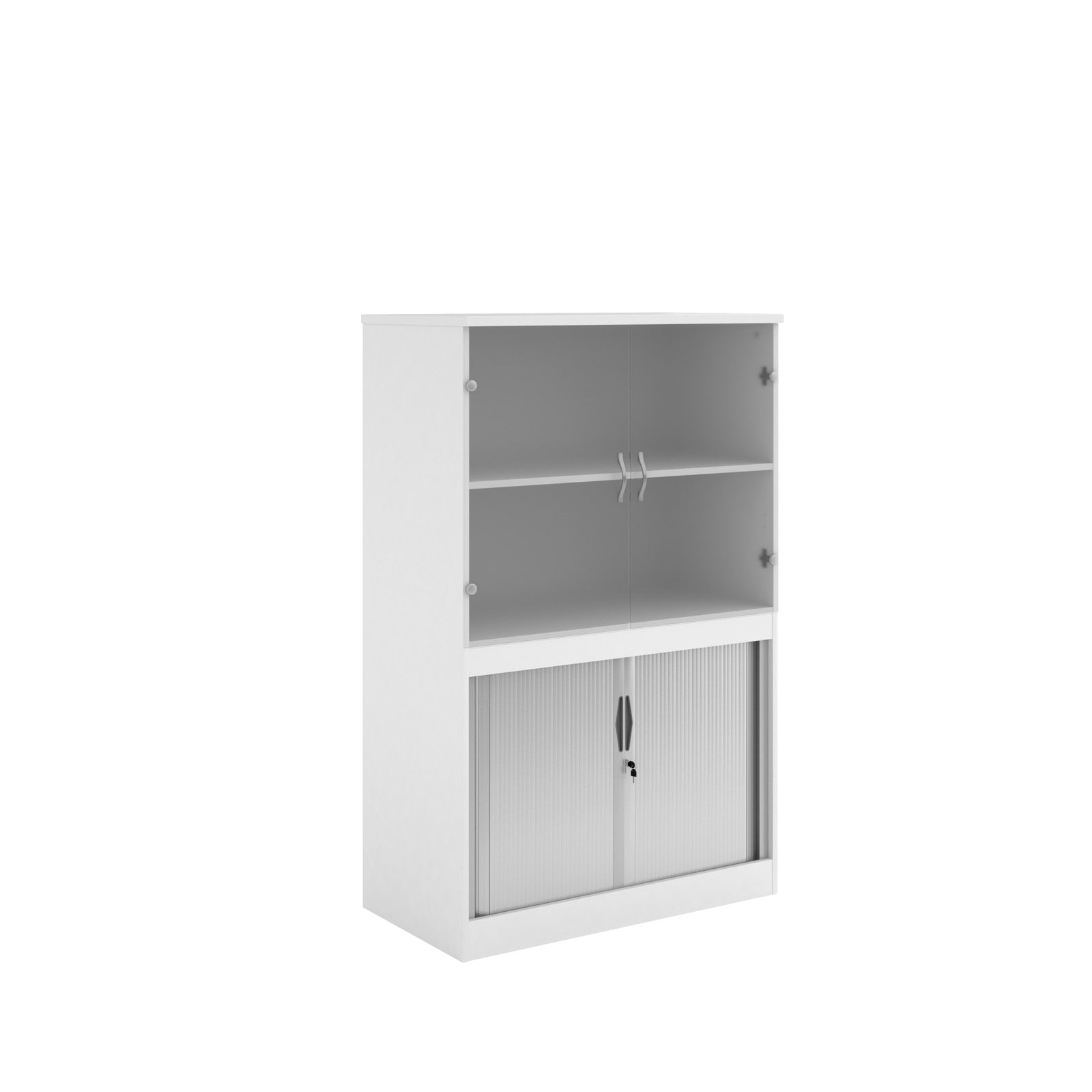 White office storage cupboard with glazed doors on the upper section and lockable tambour doors below, shown on a white background.