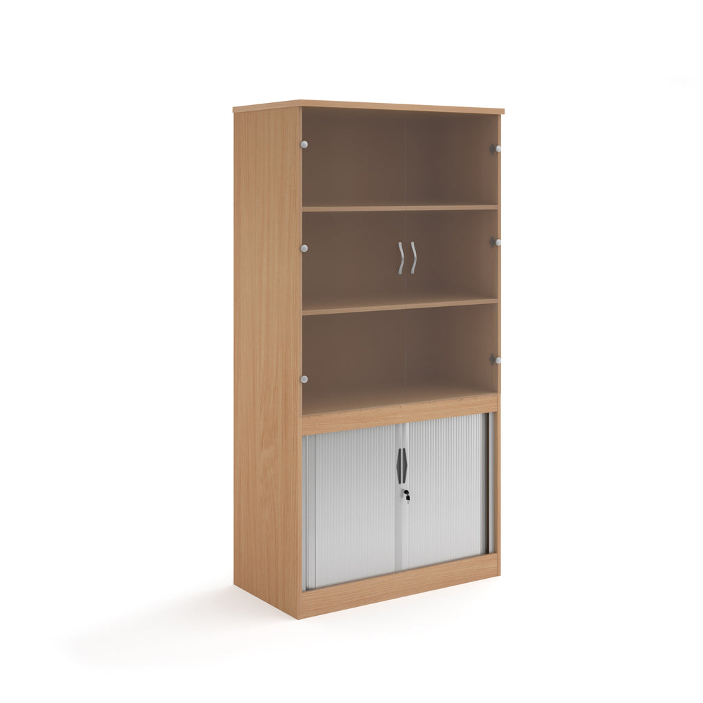 Wood-effect office storage cupboard with glazed doors on the upper section and lockable tambour doors below, shown on a white background.