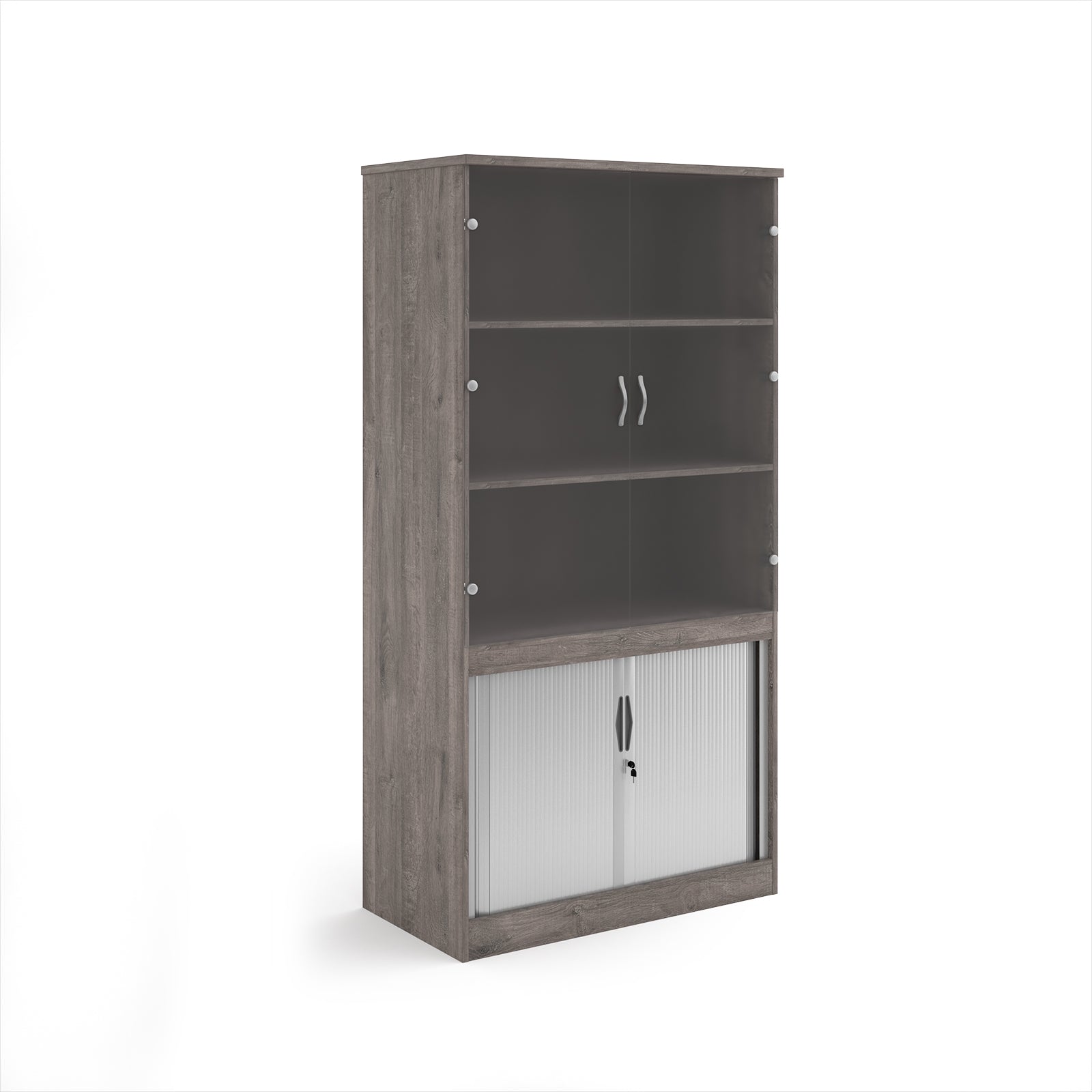 Wood-effect office storage cupboard with glazed doors on the upper section and lockable tambour doors below, shown on a white background.