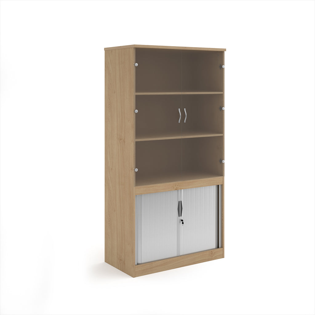 Wood-effect office storage cupboard with glazed doors on the upper section and lockable tambour doors below, shown on a white background.