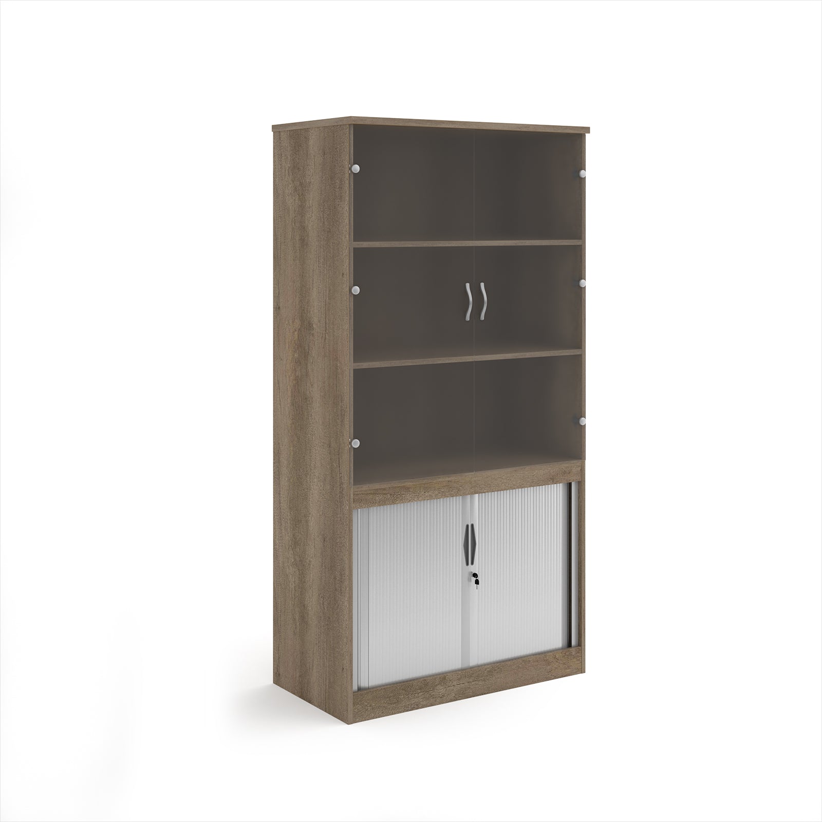 Wood-effect office storage cupboard with glazed doors on the upper section and lockable tambour doors below, shown on a white background.