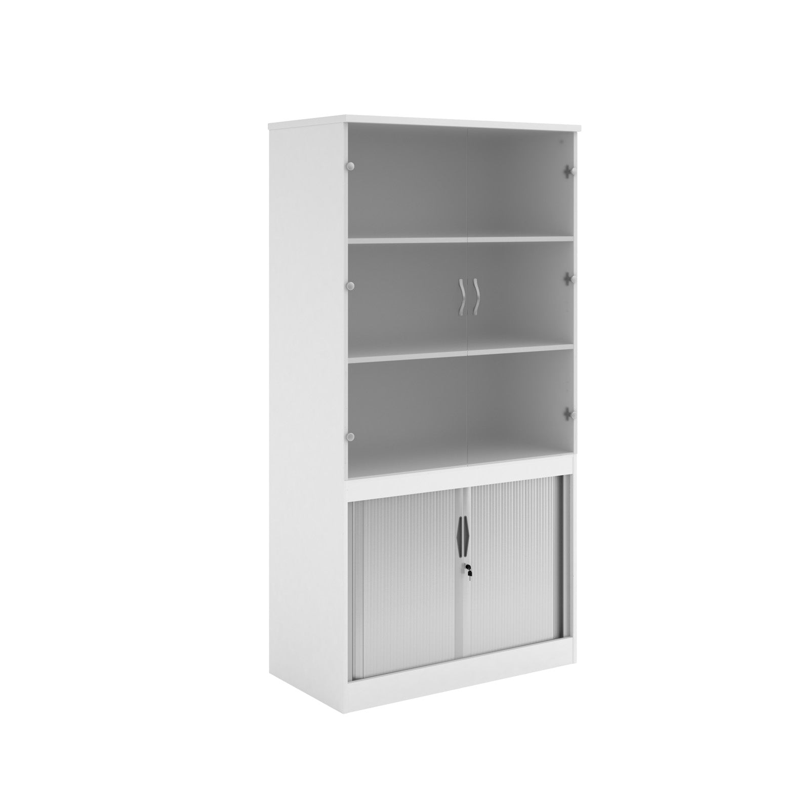 White office storage cupboard with glazed doors on the upper section and lockable tambour doors below, shown on a white background.