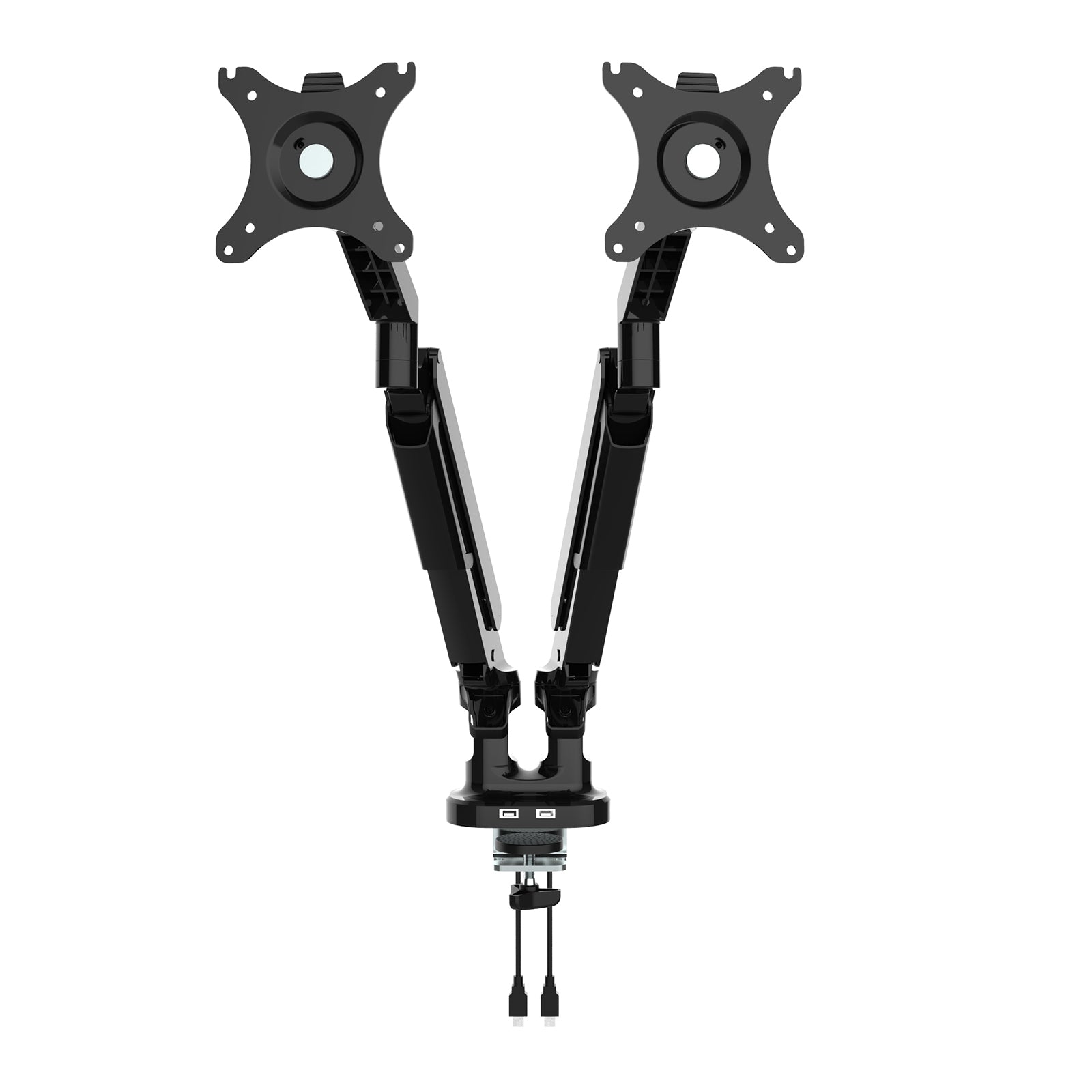 Dual monitor desk mount with two adjustable articulated arms, VESA mounting plates, and a clamp base for secure attachment to a desk, shown on a white background.