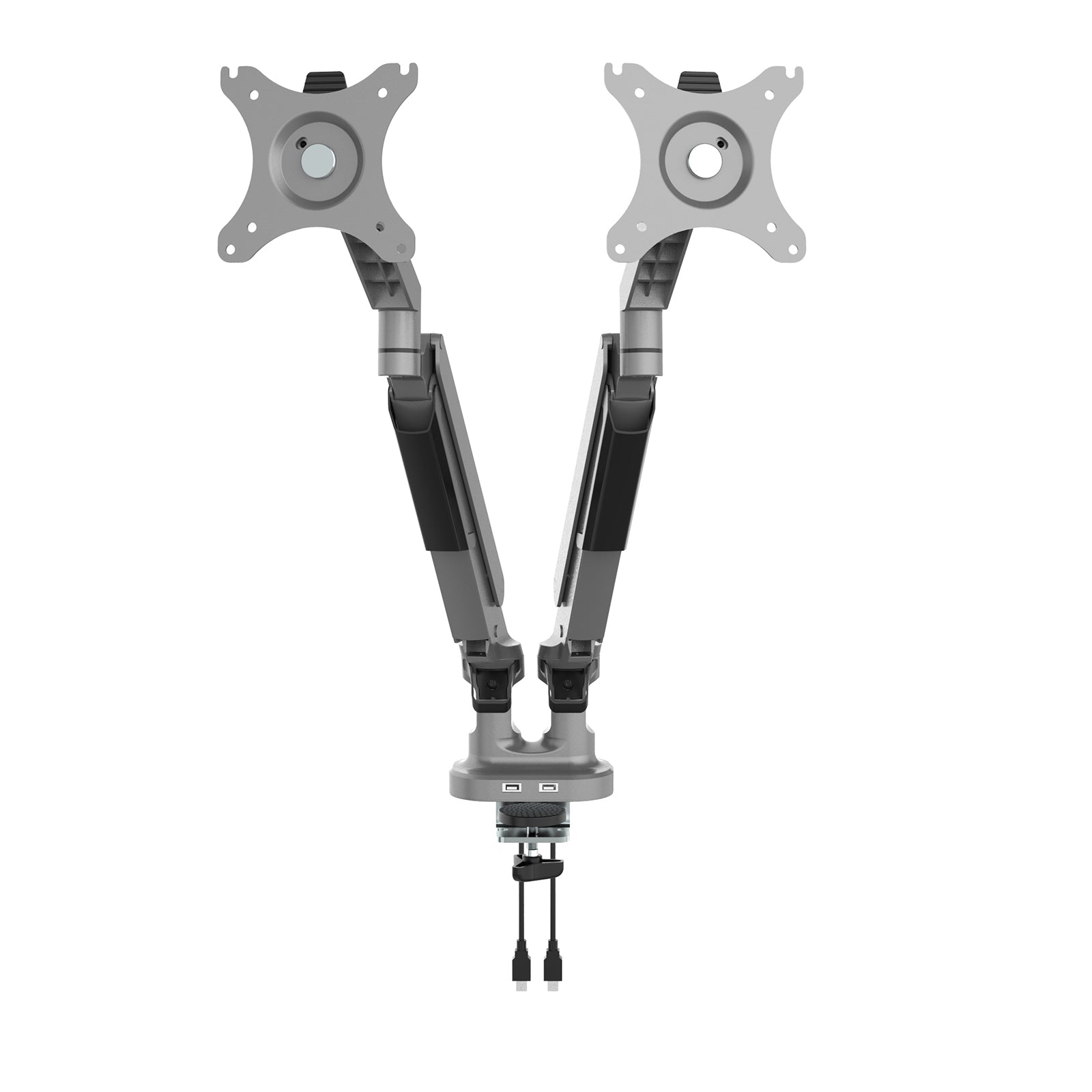 Dual monitor desk mount with two adjustable articulated arms, VESA mounting plates, and a clamp base for secure attachment to a desk, shown on a white background.