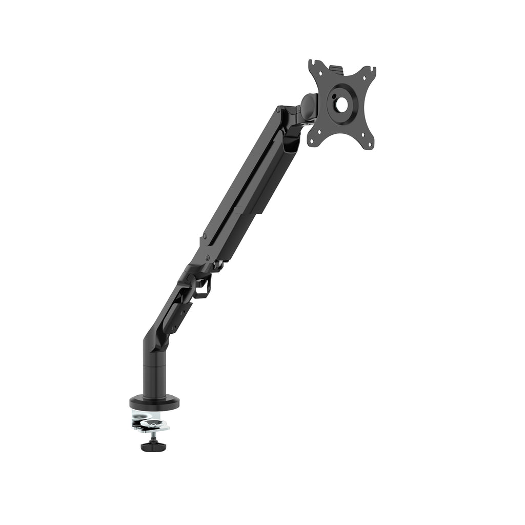 Single monitor desk mount with an adjustable articulated arm and VESA mounting plate, featuring a clamp base for secure attachment to a desk, shown on a white background.