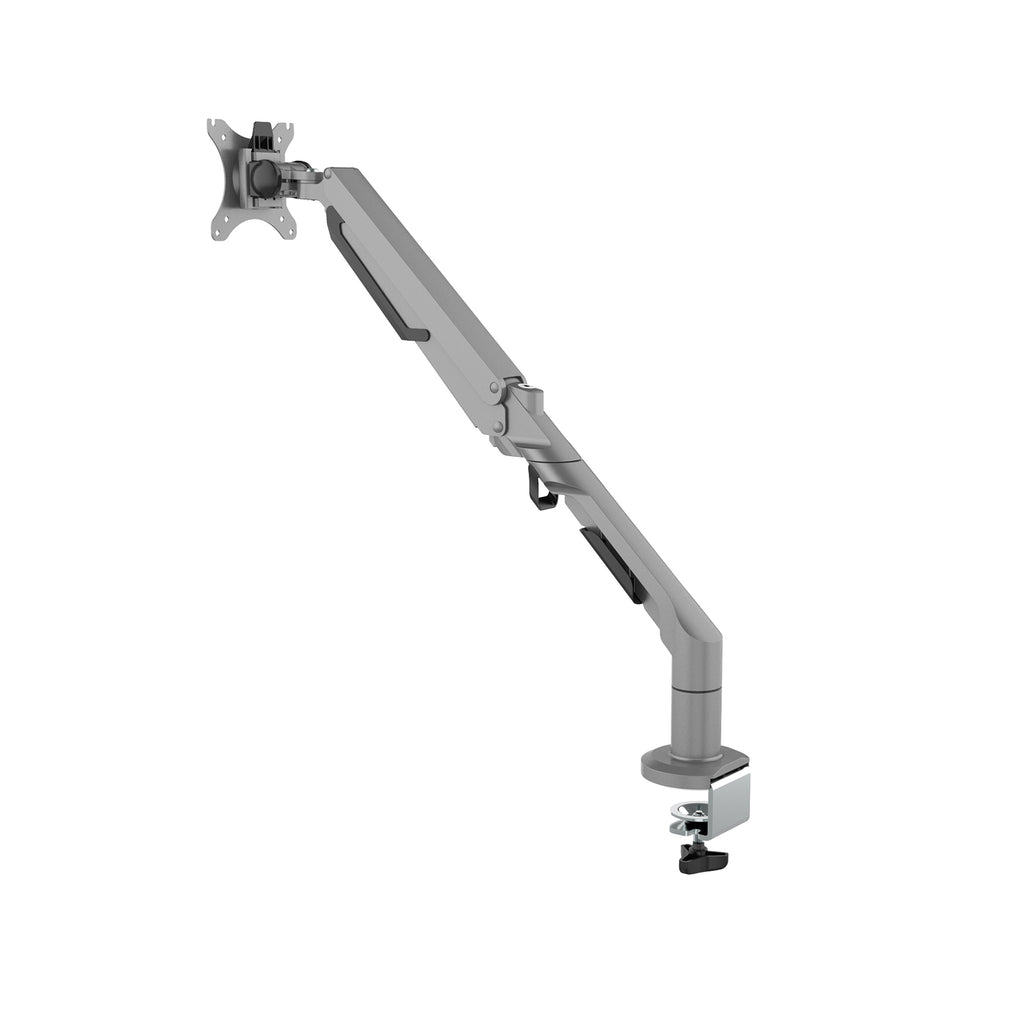 Single monitor desk mount with an adjustable articulated arm and VESA mounting plate, featuring a clamp base for secure attachment to a desk, shown on a white background.