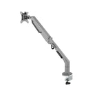 Single monitor desk mount with an adjustable articulated arm and VESA mounting plate, featuring a clamp base for secure attachment to a desk, shown on a white background.