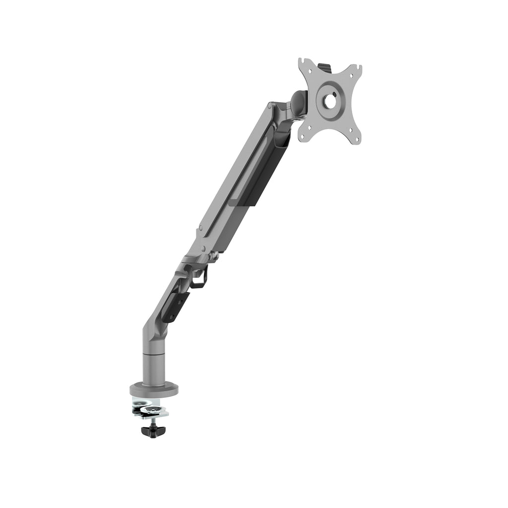 Single monitor desk mount with an adjustable articulated arm and VESA mounting plate, featuring a clamp base for secure attachment to a desk, shown on a white background.