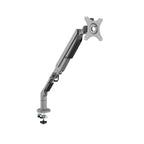 Single monitor desk mount with an adjustable articulated arm and VESA mounting plate, featuring a clamp base for secure attachment to a desk, shown on a white background.