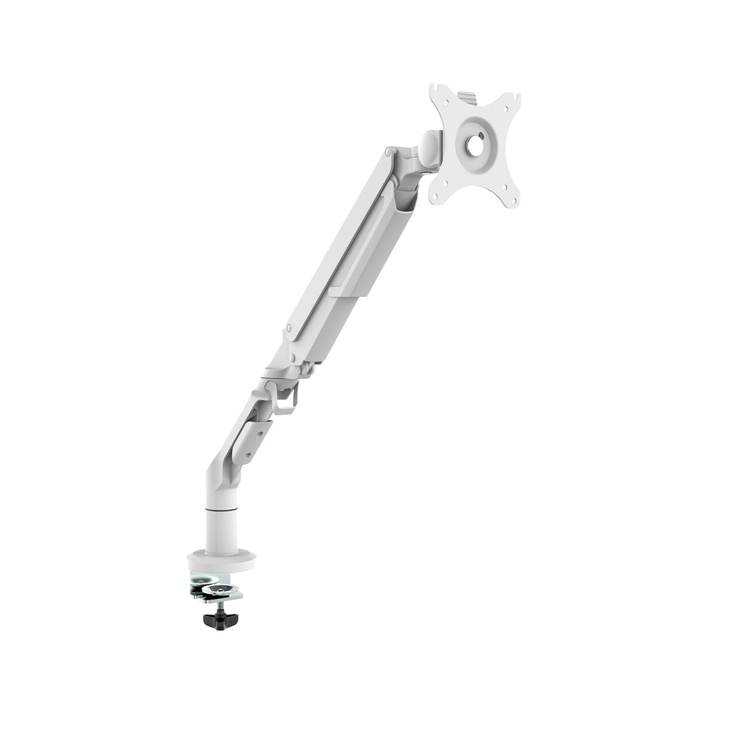 Single monitor desk mount with an adjustable articulated arm and VESA mounting plate, featuring a clamp base for secure attachment to a desk, shown on a white background.