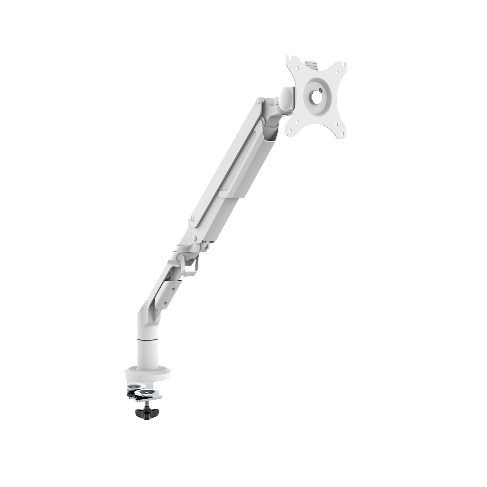 Single monitor desk mount with an adjustable articulated arm and VESA mounting plate, featuring a clamp base for secure attachment to a desk, shown on a white background.