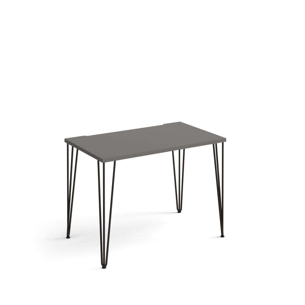 Rectangular office desk with a grey tabletop and slim black metal hairpin legs, shown on a white background.