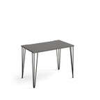 Rectangular office desk with a grey tabletop and slim black metal hairpin legs, shown on a white background.