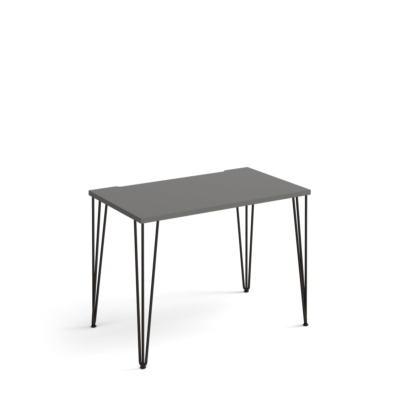 Rectangular office desk with a grey tabletop and slim black metal hairpin legs, shown on a white background.