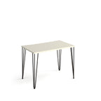 Rectangular office desk with a white tabletop and slim black metal hairpin legs, shown on a white background.