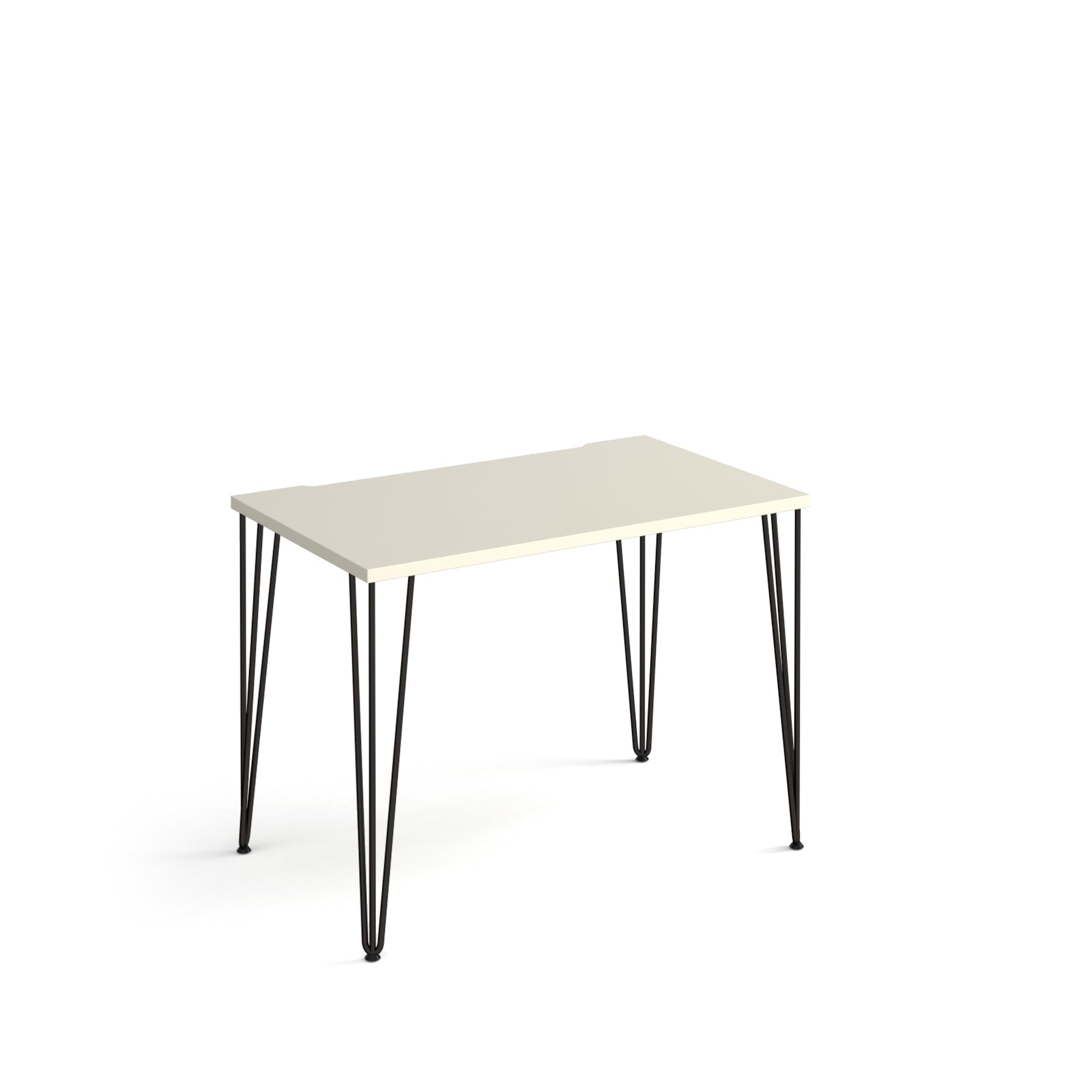Rectangular office desk with a white tabletop and slim black metal hairpin legs, shown on a white background.