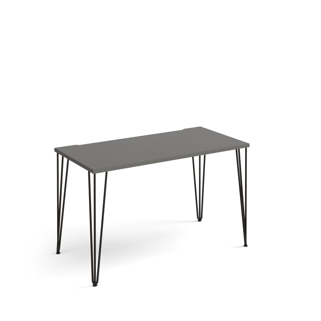 Rectangular office desk with a grey tabletop and slim black metal hairpin legs, shown on a white background.