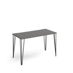 Rectangular office desk with a grey tabletop and slim black metal hairpin legs, shown on a white background.