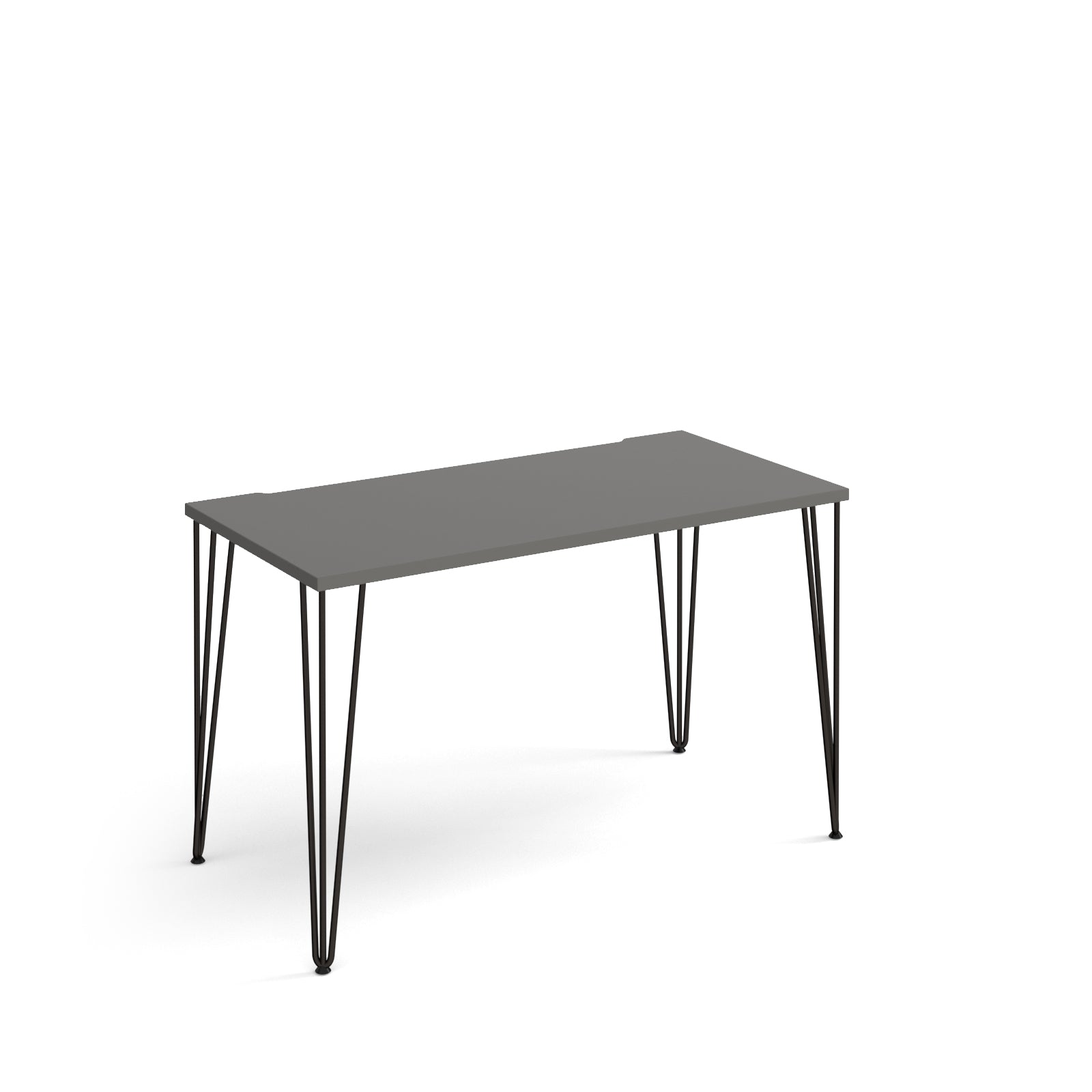 Rectangular office desk with a grey tabletop and slim black metal hairpin legs, shown on a white background.
