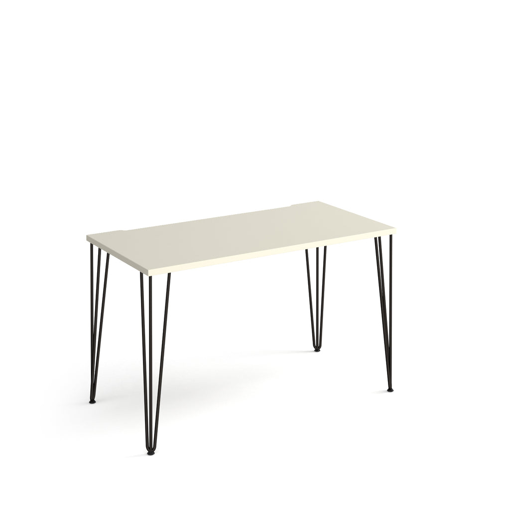 Rectangular office desk with a white tabletop and slim black metal hairpin legs, shown on a white background.