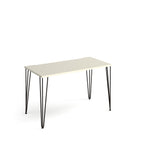 Rectangular office desk with a white tabletop and slim black metal hairpin legs, shown on a white background.