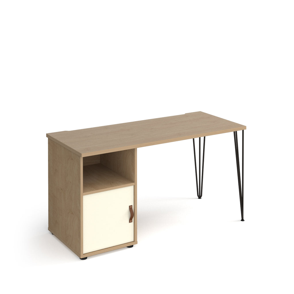 Home office desk with a wood-effect tabletop, integrated storage unit with open shelf and white door, and slim black hairpin legs, shown on a white background.
