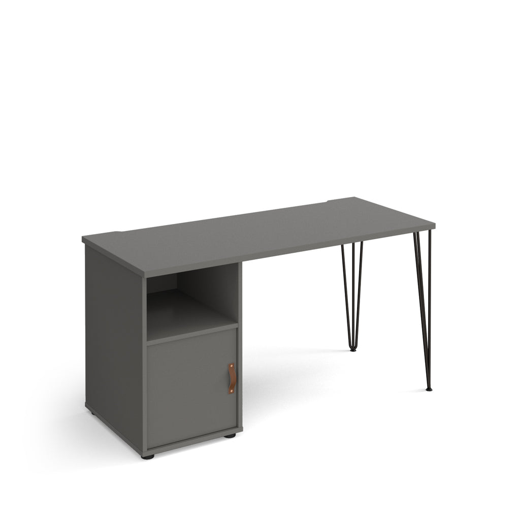 Home office desk with a grey tabletop, integrated storage cabinet with door and open shelf, and slim black hairpin legs, shown on a white background.
