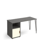 Home office desk with a grey tabletop, integrated storage unit with open shelf and white door, and slim black hairpin legs, shown on a white background.
