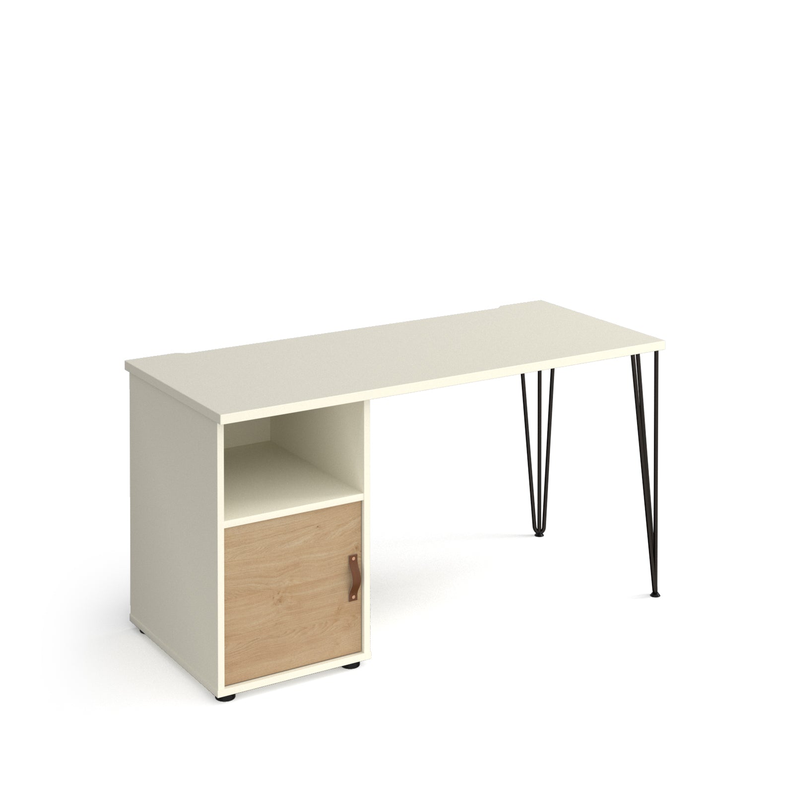 Home office desk with a white tabletop, integrated storage cabinet with door and open shelf, and slim black hairpin legs, shown on a white background.