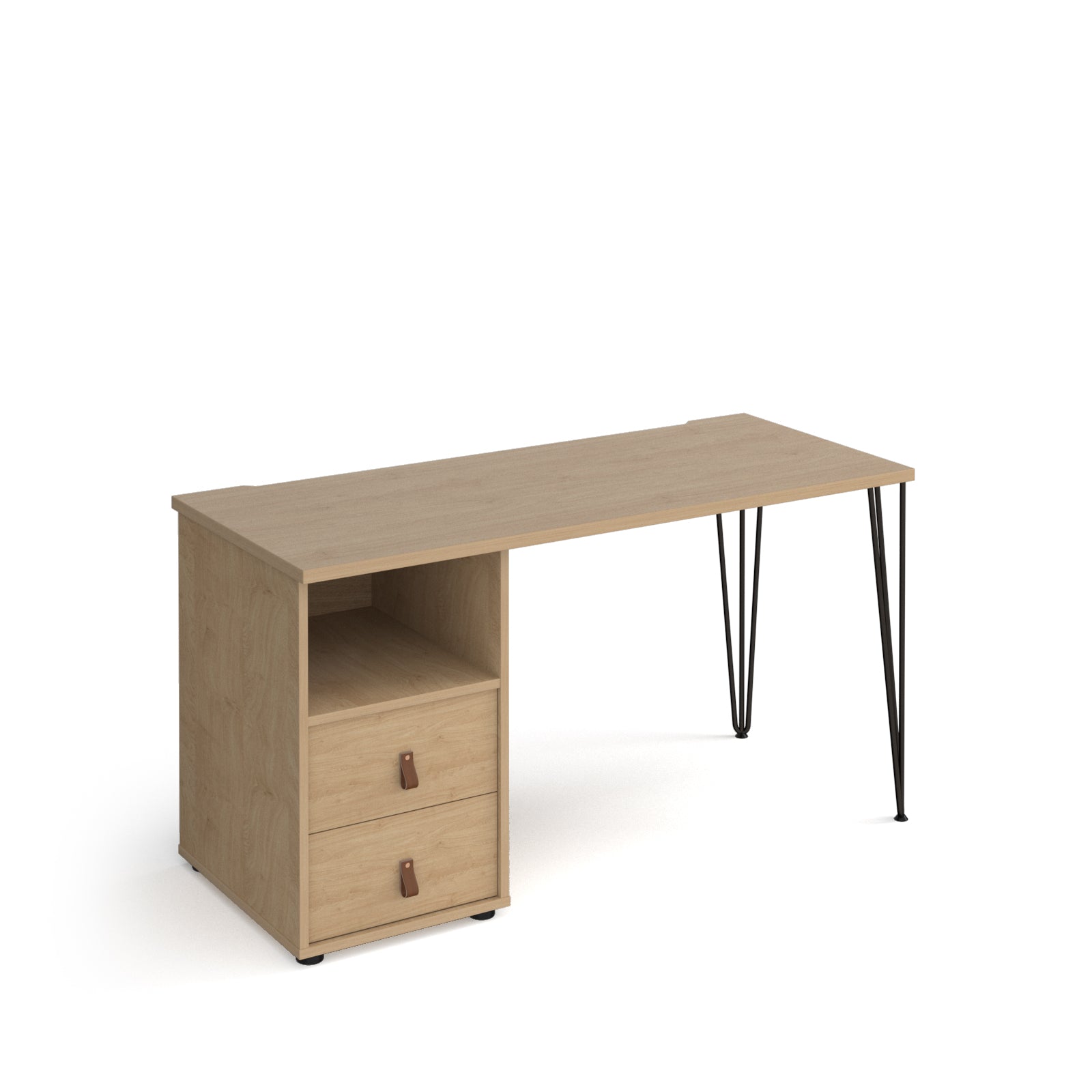 Wood-effect home office desk with  integrated storage unit featuring an open shelf and two drawers, and slim black hairpin legs, shown on a white background.