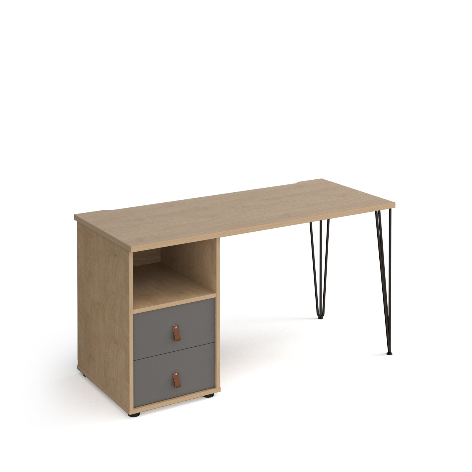 Home office desk with a wood-effect tabletop, integrated storage unit featuring an open shelf and two grey drawers, and slim black hairpin legs, shown on a white background.