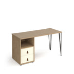 Home office desk with a wood-effect tabletop, integrated storage unit featuring an open shelf and two white drawers, and slim black hairpin legs, shown on a white background.