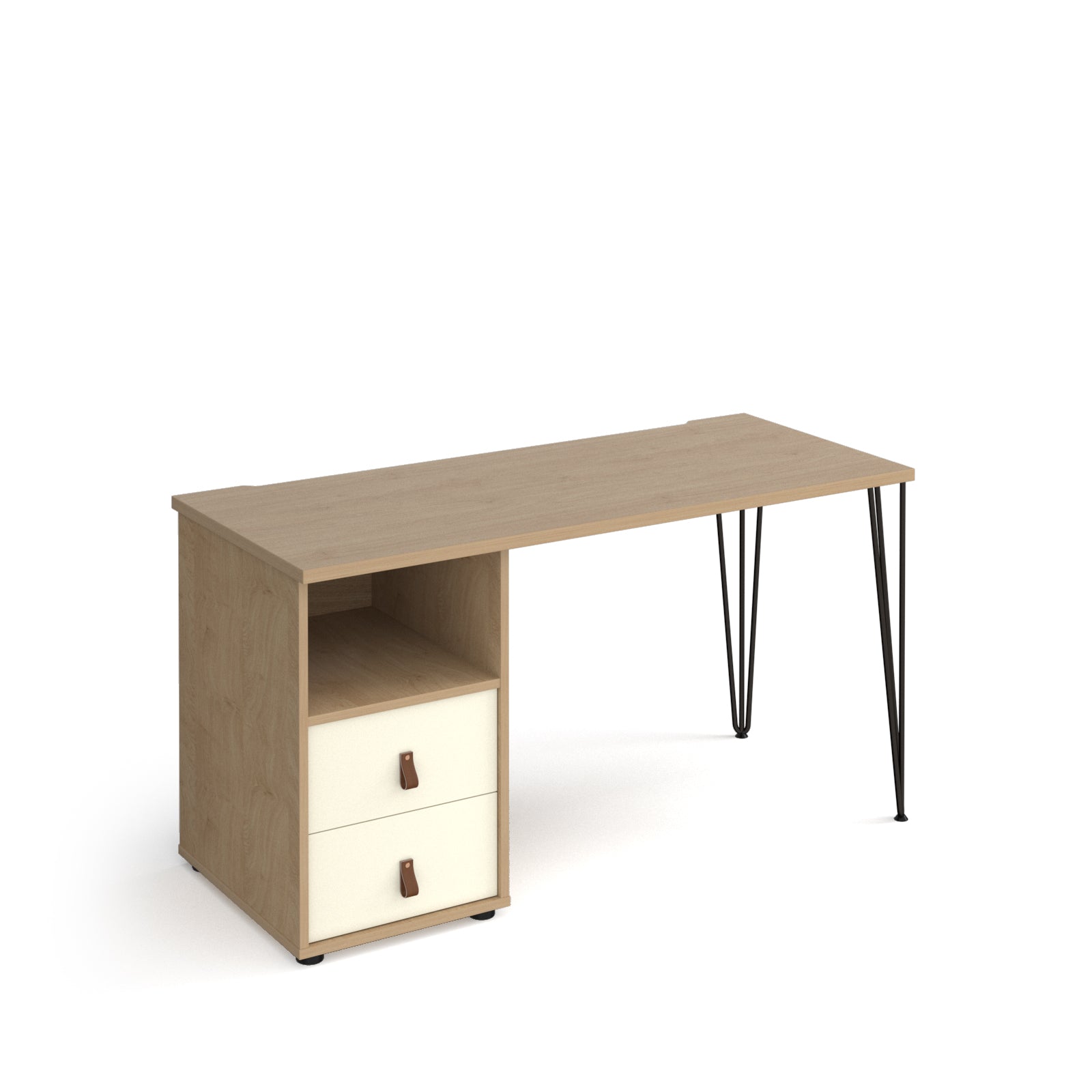 Home office desk with a wood-effect tabletop, integrated storage unit featuring an open shelf and two white drawers, and slim black hairpin legs, shown on a white background.