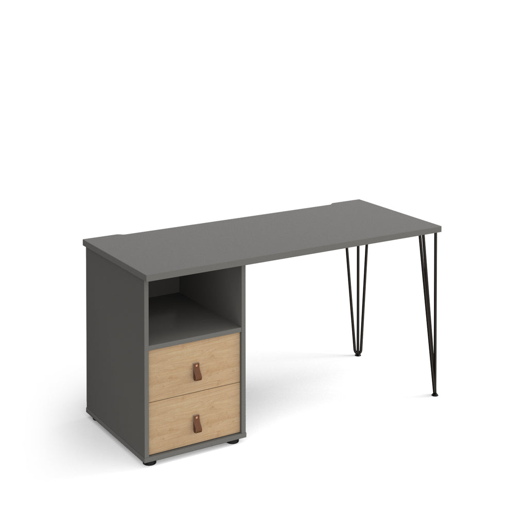 Home office desk with a grey tabletop, integrated storage unit featuring an open shelf and two wood-effect drawers, and slim black hairpin legs, shown on a white background.
