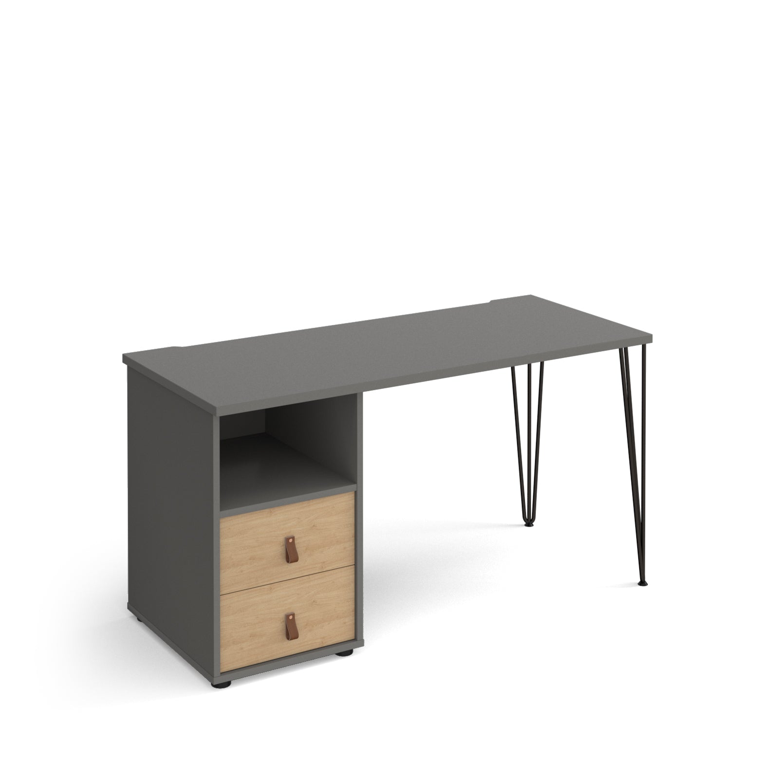Home office desk with a grey tabletop, integrated storage unit featuring an open shelf and two wood-effect drawers, and slim black hairpin legs, shown on a white background.