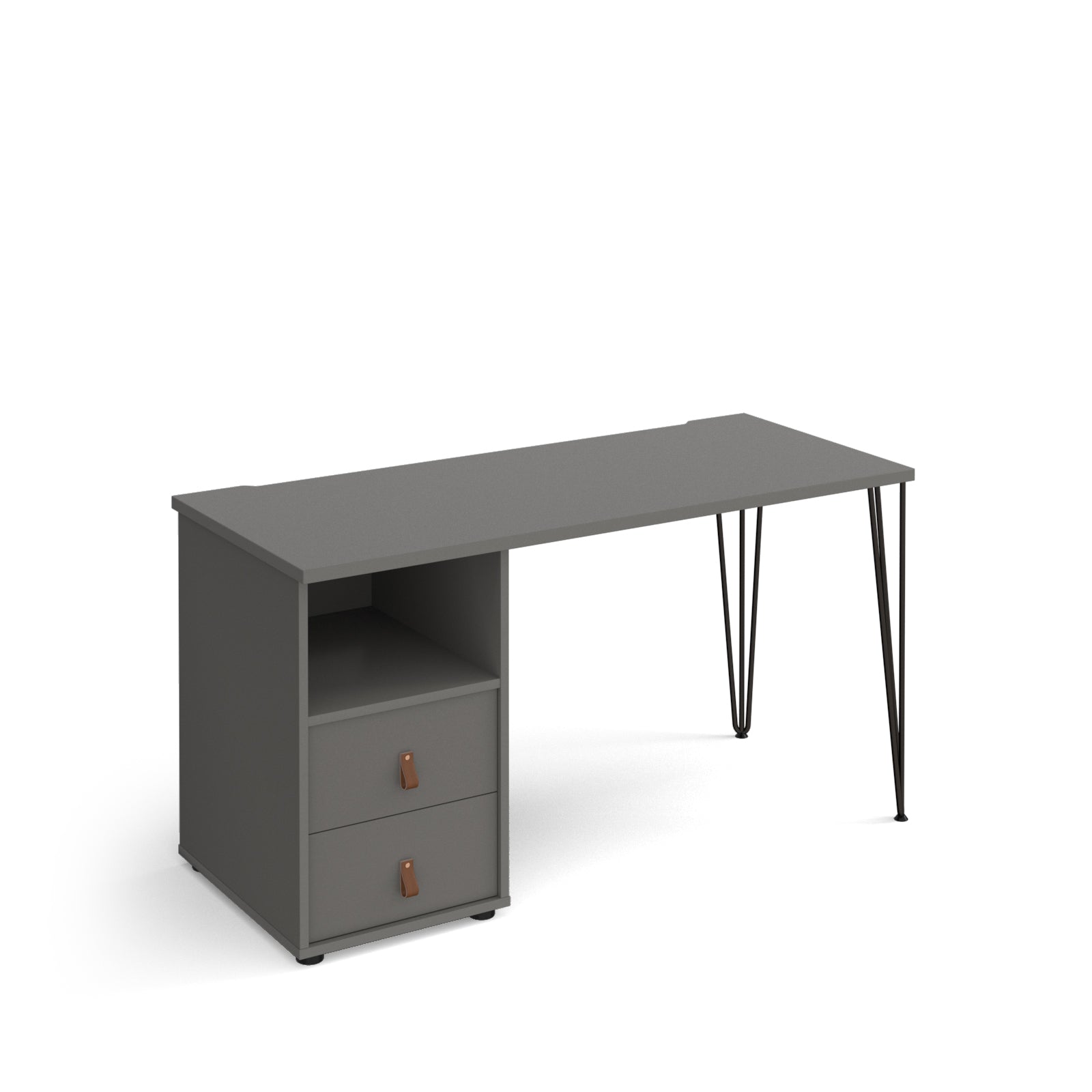 Grey home office desk with integrated storage unit featuring an open shelf and two drawers, and slim black hairpin legs, shown on a white background.