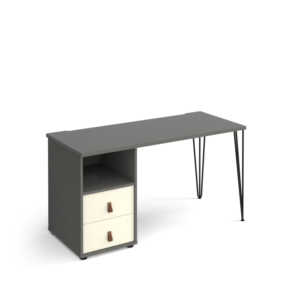 Home office desk with a grey tabletop, integrated storage unit featuring an open shelf and two white drawers, and slim black hairpin legs, shown on a white background.