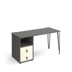 Home office desk with a grey tabletop, integrated storage unit featuring an open shelf and two white drawers, and slim black hairpin legs, shown on a white background.