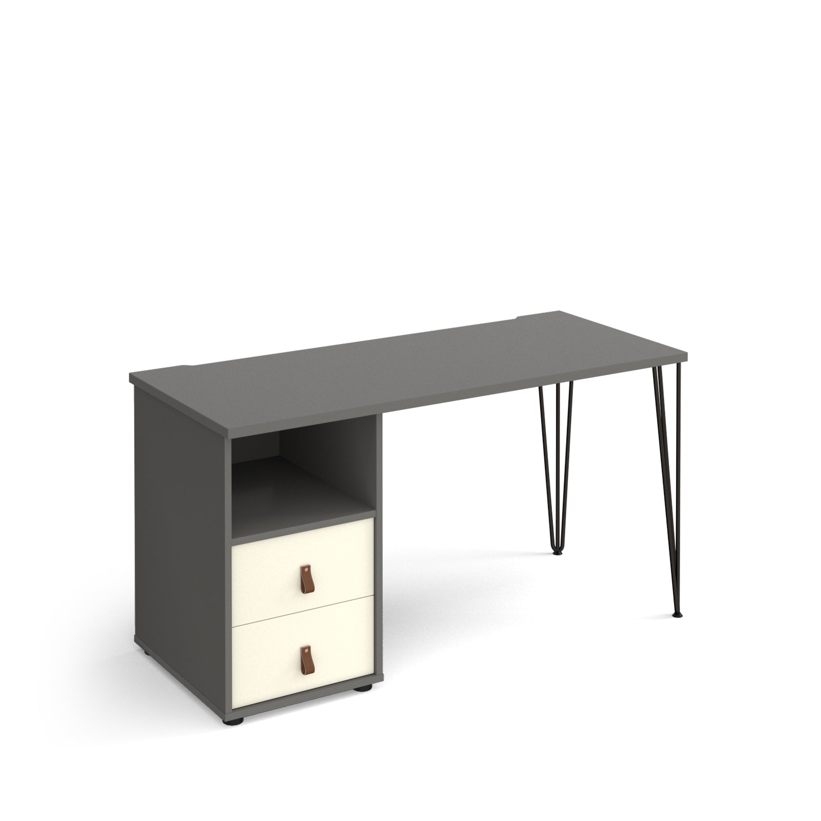 Home office desk with a grey tabletop, integrated storage unit featuring an open shelf and two white drawers, and slim black hairpin legs, shown on a white background.