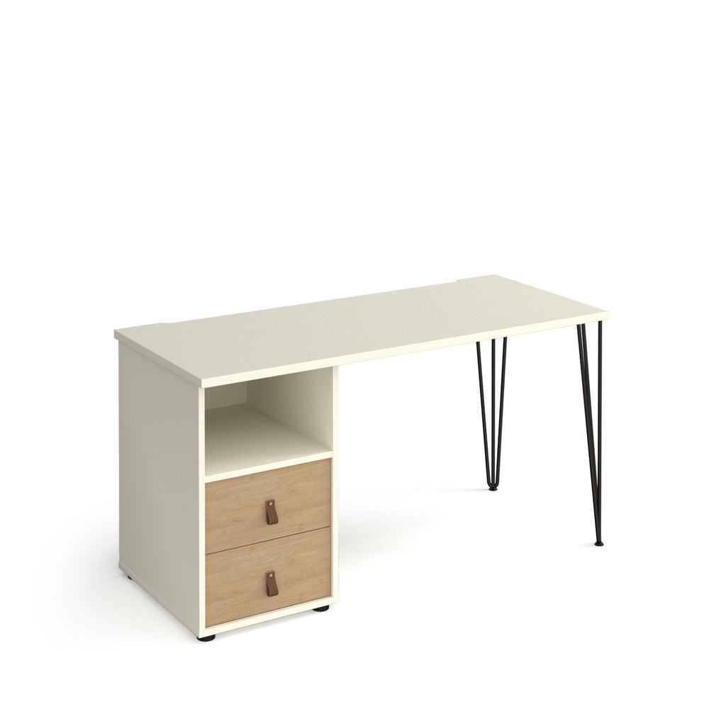 Home office desk with a white tabletop, integrated storage unit with open shelf and wood-effect door, and slim black hairpin legs, shown on a white background.