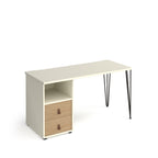 Home office desk with a white tabletop, integrated storage unit with open shelf and wood-effect door, and slim black hairpin legs, shown on a white background.