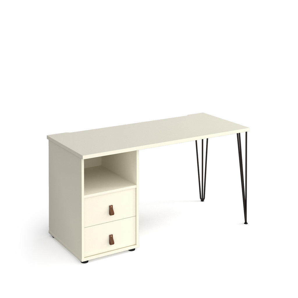 White home office desk with integrated storage unit with open shelf and door, and slim black hairpin legs, shown on a white background.
