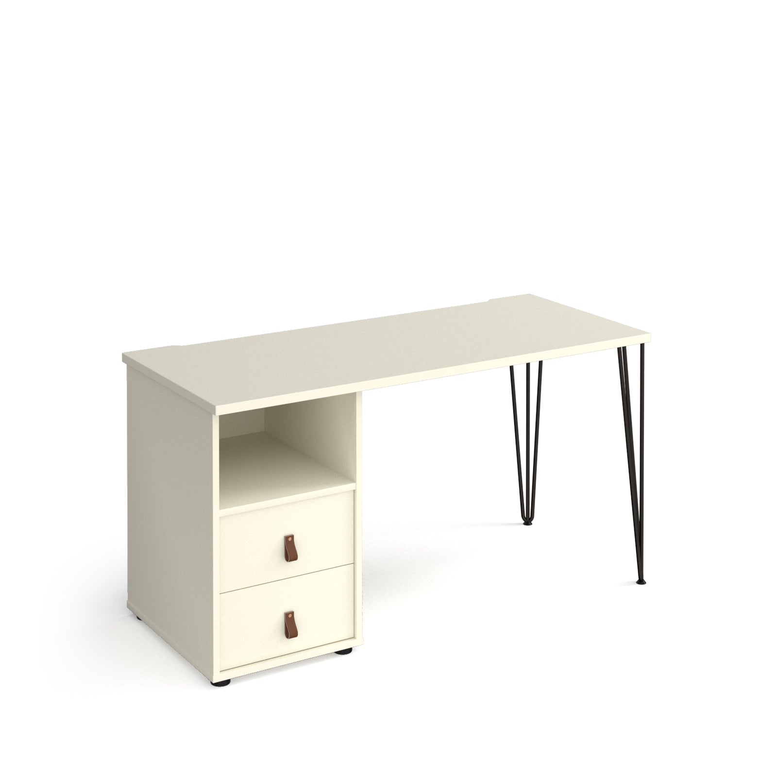 White home office desk with integrated storage unit with open shelf and door, and slim black hairpin legs, shown on a white background.
