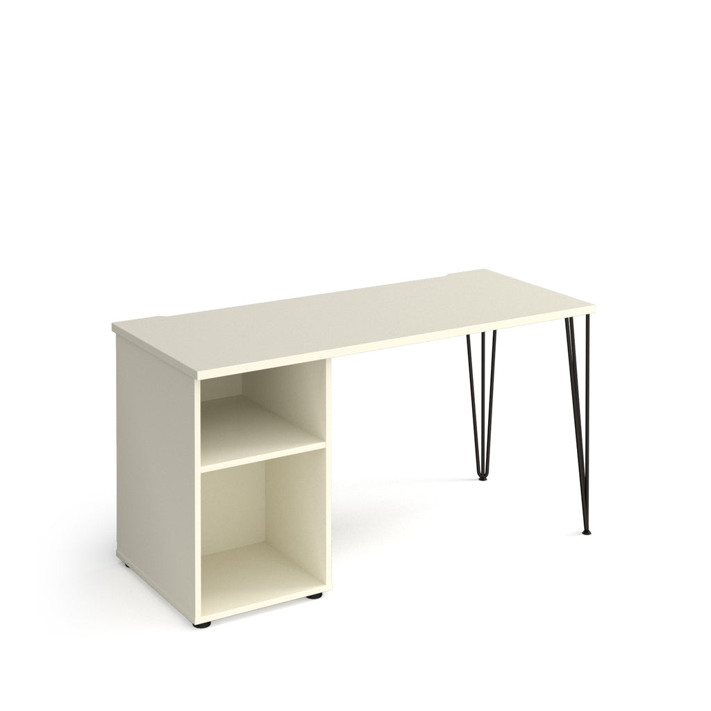 Home office desk with a white tabletop, integrated open shelving unit, and slim black hairpin legs, shown on a white background.