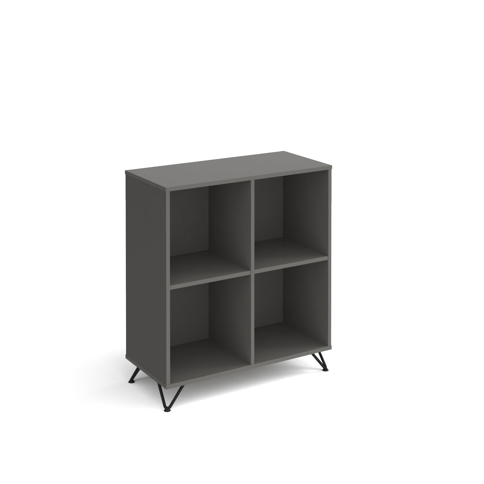 Grey cube storage unit with four open compartments and slim black metal legs, shown on a white background.