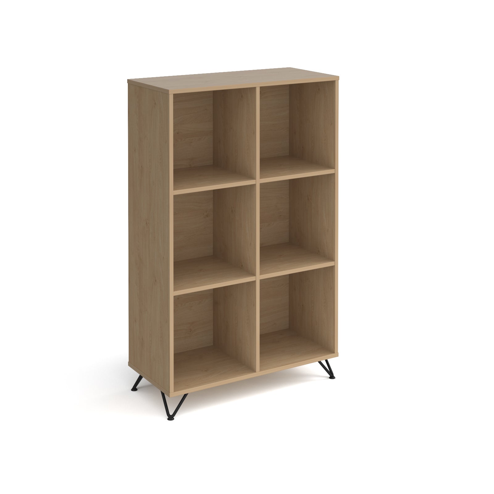 Wood-effect cube storage unit with six open compartments and slim black metal legs, shown on a white background.