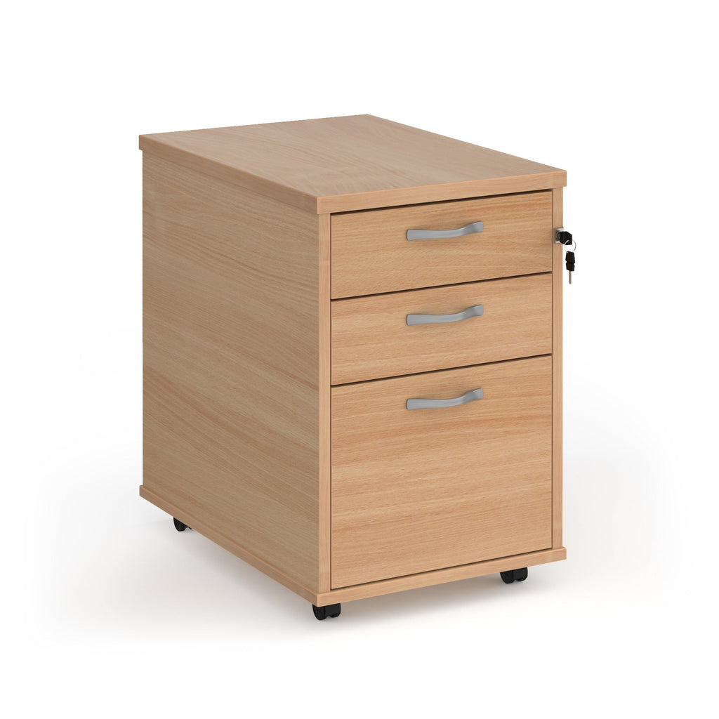 Wooden file cabinet with three drawers on a white background