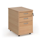 Wooden file cabinet with three drawers on a white background