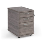Wooden file cabinet with three drawers on a white background